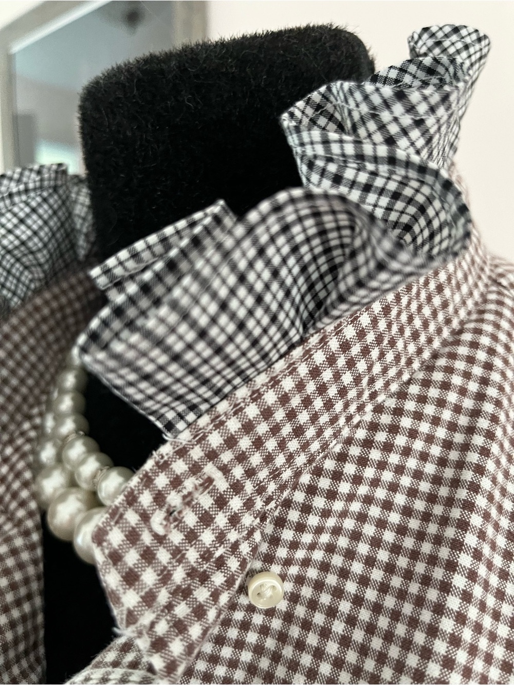 Upcycled Ralph Lauren Brown and White Gingham Button-Down Ruffle Collar
